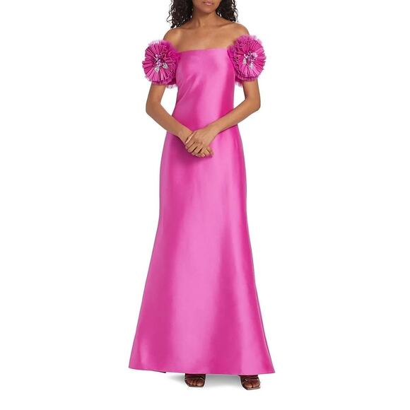 Badgley Mischka Mikado Mermaid Gown Off-Shoulder Pinwheel Flowers pink size 4 - Picture 14 of 15